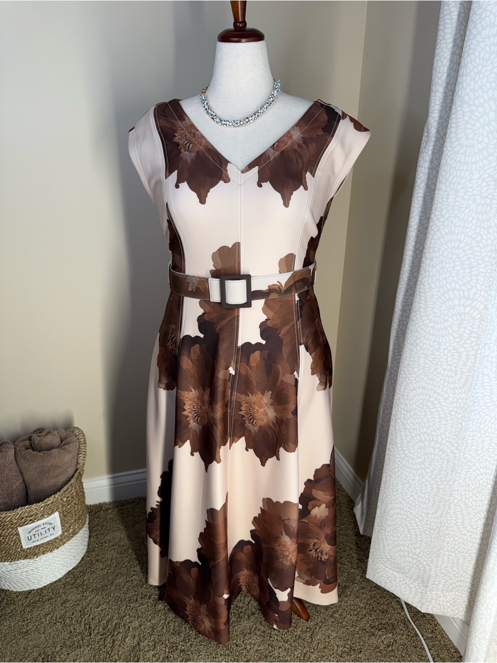 NWOT — Calvin Klein Cream Midi Dress with Brown Floral Print and Belt